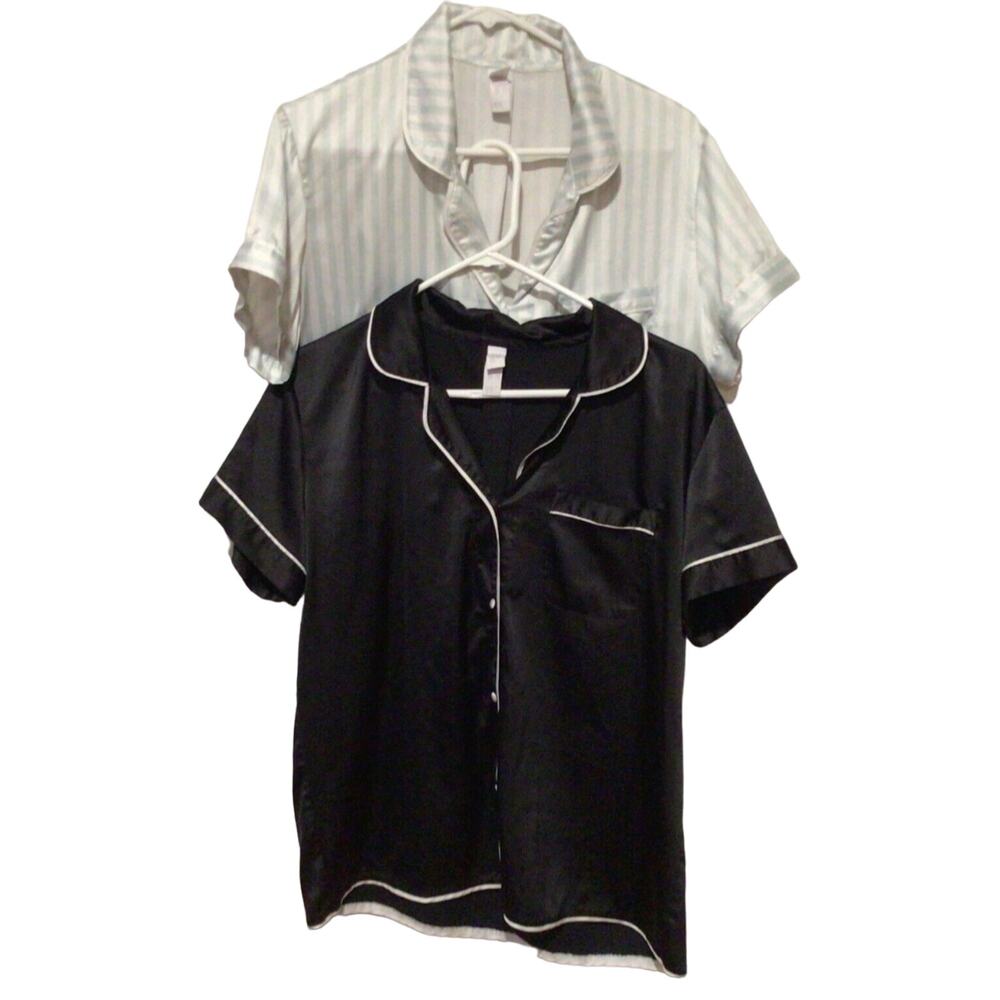 Stars Above Women’s Pajama Tops – Black & Blue Striped Sleep Shirts Size Large